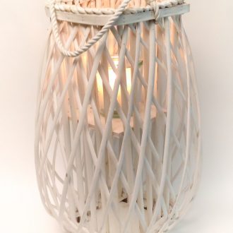 Laterne-Rattan weiss-mit Glas-Windlicht