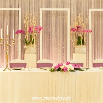 Brauttischdeko mit Hintergrund und Blumendeko