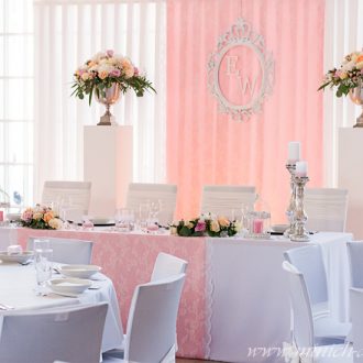 Brauttischdeko mit Spitze und frischen Blumen-Gestecken, Farbe rosa-weiß